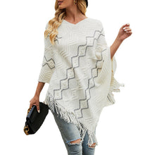 Load image into Gallery viewer, Women Knitted V-neck Stripe Cape with Tassel