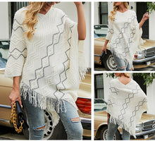 Load image into Gallery viewer, Women Knitted V-neck Stripe Cape with Tassel