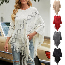 Load image into Gallery viewer, Women Knitted V-neck Stripe Cape with Tassel