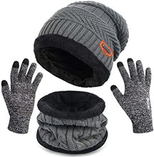 Load image into Gallery viewer, Winter Knit Beanie Hat Neck Warmer Scarf and Touch Screen Gloves Set 3 Pcs Fleece Lined Skull Cap for Men Women