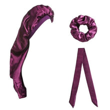 Load image into Gallery viewer, 3 Pcs Long Satin Bonnet Sleep Cap with Hair Tie Scrunchies Set