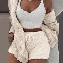 Load image into Gallery viewer, Women's Three Piece Sexy Fluffy Sets Velvet Plush Hooded Cardigan Coat+Shorts+Crop Top