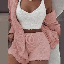 Load image into Gallery viewer, Women's Three Piece Sexy Fluffy Sets Velvet Plush Hooded Cardigan Coat+Shorts+Crop Top