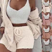 Load image into Gallery viewer, Women's Three Piece Sexy Fluffy Sets Velvet Plush Hooded Cardigan Coat+Shorts+Crop Top