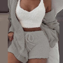 Load image into Gallery viewer, Women's Three Piece Sexy Fluffy Sets Velvet Plush Hooded Cardigan Coat+Shorts+Crop Top