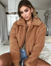 Load image into Gallery viewer, Women Short Warm Plush Camel Colored Zipped Jacket