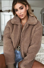 Load image into Gallery viewer, Women Short Warm Plush Camel Colored Zipped Jacket
