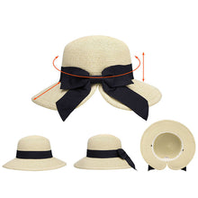 Load image into Gallery viewer, Women Straw Beach Hat Wide Brim Ponytail Bowknot