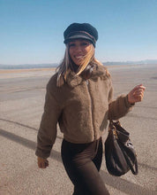 Load image into Gallery viewer, Women Short Warm Plush Camel Colored Zipped Jacket