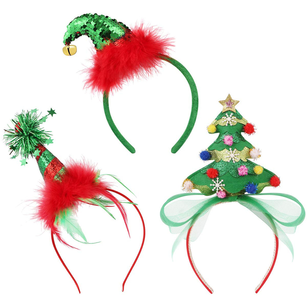 3Pcs Christmas Headwear Headbands Bulk Elf Party Hats Christmas Tree Headband for Kids Adults