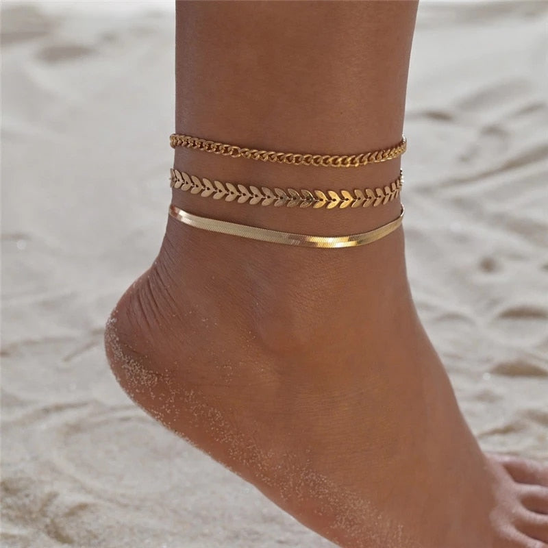 3Pcs/Set Gold Color Simple Chain Anklets